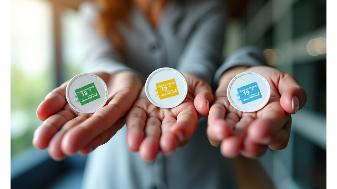 Close-up of three hands holding various professional certification badges, slightly blurred background of a modern office.