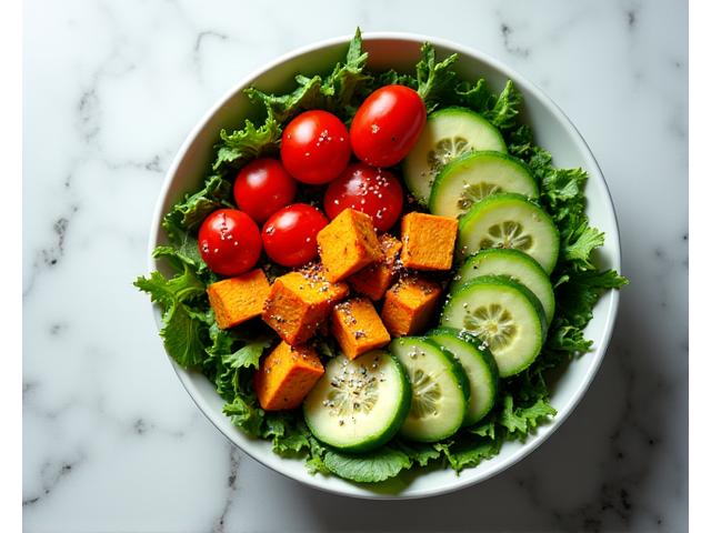 A vibrant, fresh salad bowl featuring leafy greens, colorful vegetables, and seeds, suggesting healthy, gut-healing nutrition.