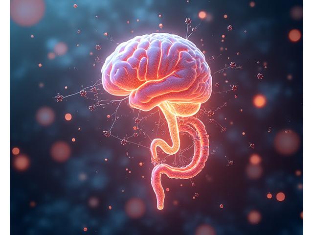 Stylized representation of the gut-brain axis with glowing neural networks connecting the brain and digestive system, set against a background of diverse gut flora.