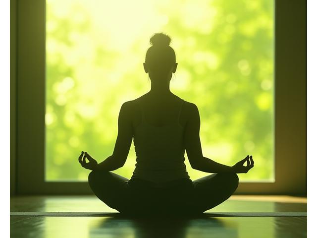 A person practicing gentle yoga or meditation in a peaceful, sunlit room, symbolizing stress management and holistic wellness.