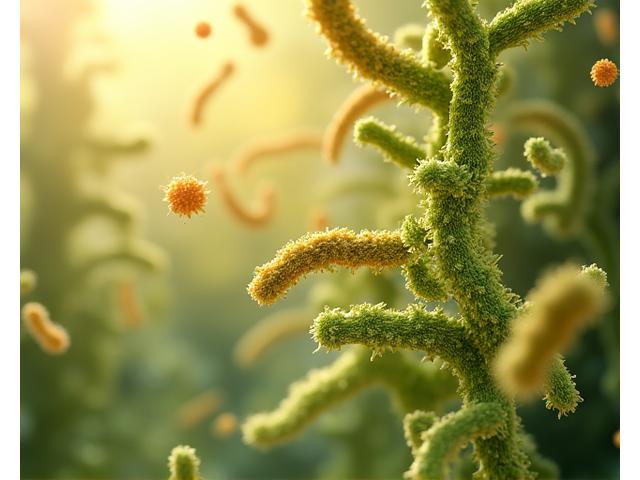 Abstract visualization of a balanced human microbiome with various beneficial bacteria strains in vibrant, healthy colors.