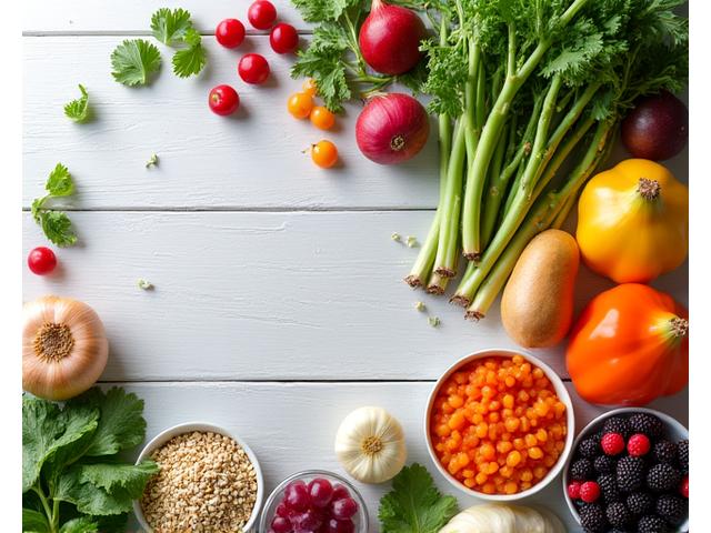 A colorful assortment of whole foods rich in prebiotics and probiotics, such as oats, garlic, onions, bananas, yogurt, and kimchi, arranged artfully on a light wooden table.