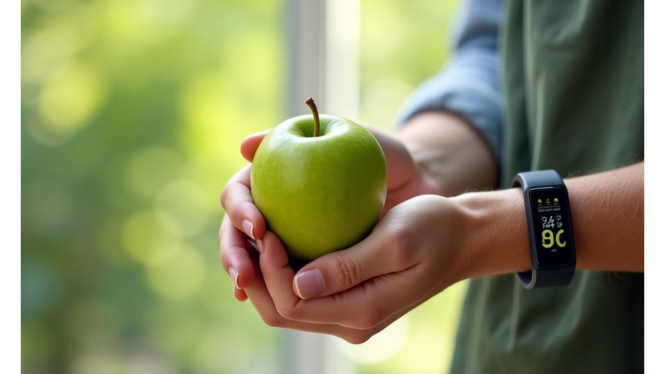 Close-up of a person's hands holding a vibrant green apple and a fitness tracker, symbolizing daily wellness choices.