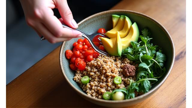 A steaming bowl of colorful, healthy food (like a buddha bowl) beautifully arranged on a wooden table, with soft, natural light, emphasizing mindful eating.