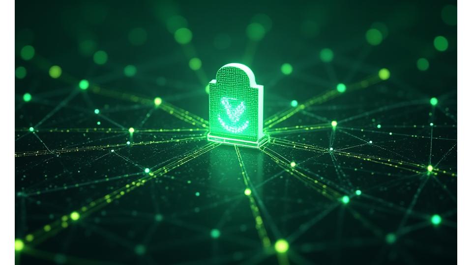 Abstract representation of intellectual property rights, data flowing through secure digital channels