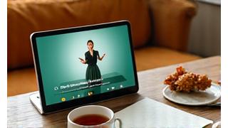 A tablet or laptop displaying a play button over a recorded wellness presentation, surrounded by cozy home elements like a blanket and cup of tea.