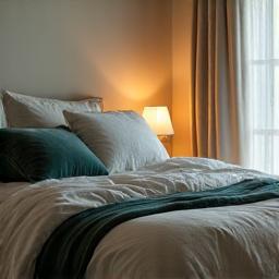 A serene bedroom scene with soft lighting, demonstrating good sleep hygiene elements like comfortable bedding and minimal clutter.